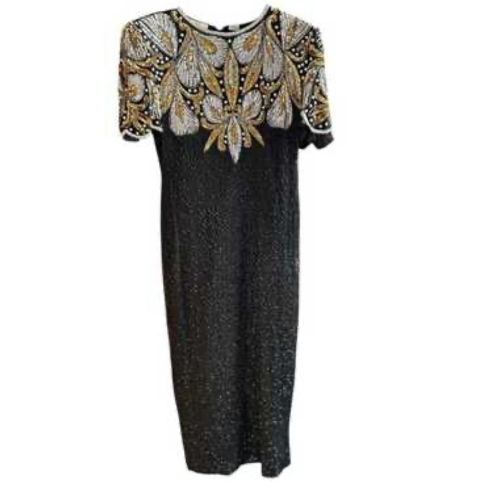 Vintage Laurence Kazar Beaded Dress | Black & Gold Sequin Cocktail Art Deco Glam